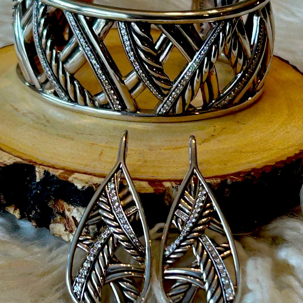 David Yurman Silver and Diamond Bracelet and Earrings set.